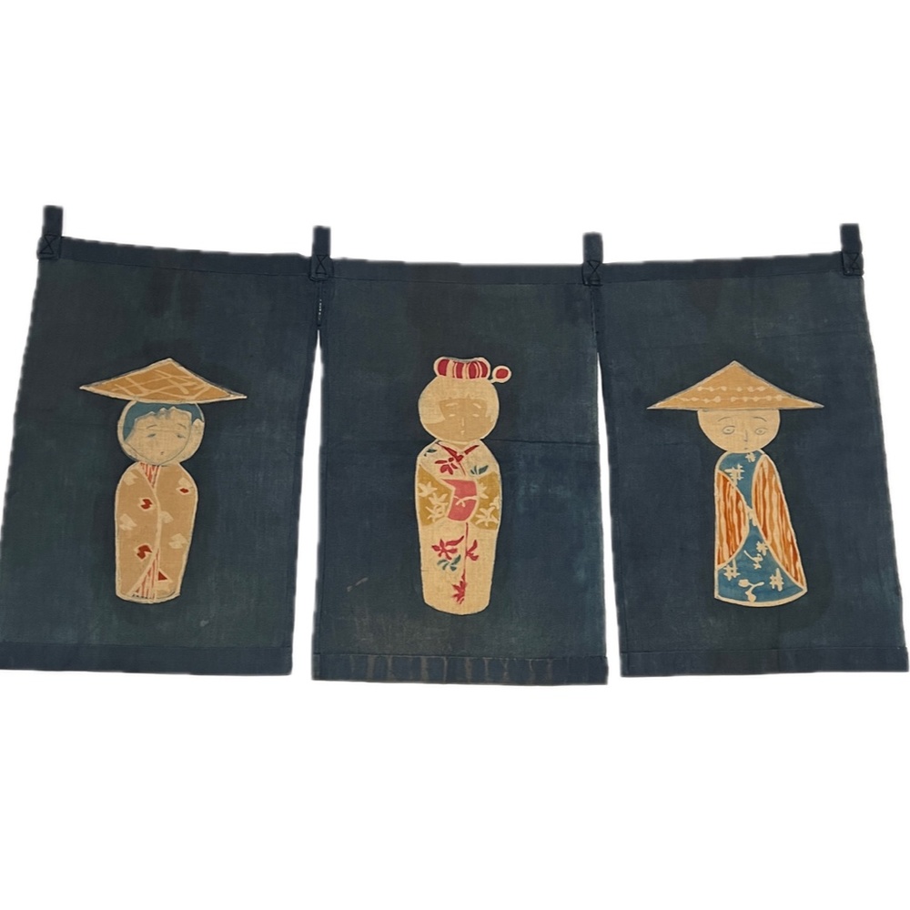 Vintage Noren Japanese Door Curtain Figures Dolls Navy Blue Traditional Textile - Picture 2 of 8